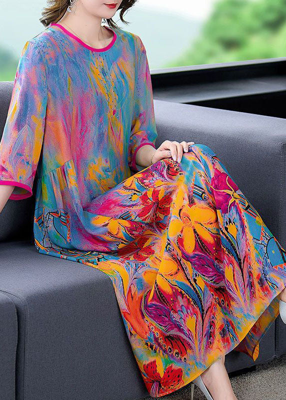 O-neck Oversized Print Silk Long Dress Bracelet Sleeve
