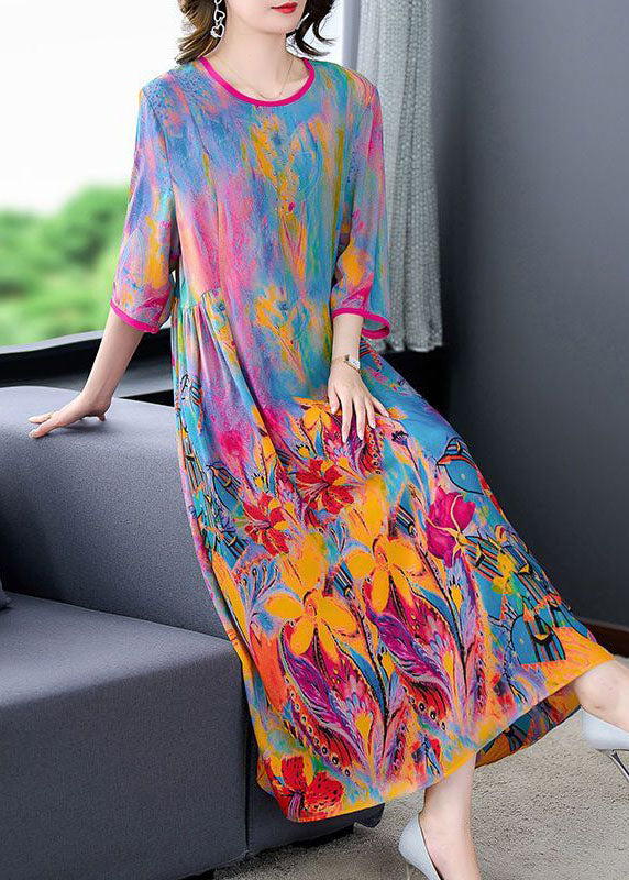 O-neck Oversized Print Silk Long Dress Bracelet Sleeve