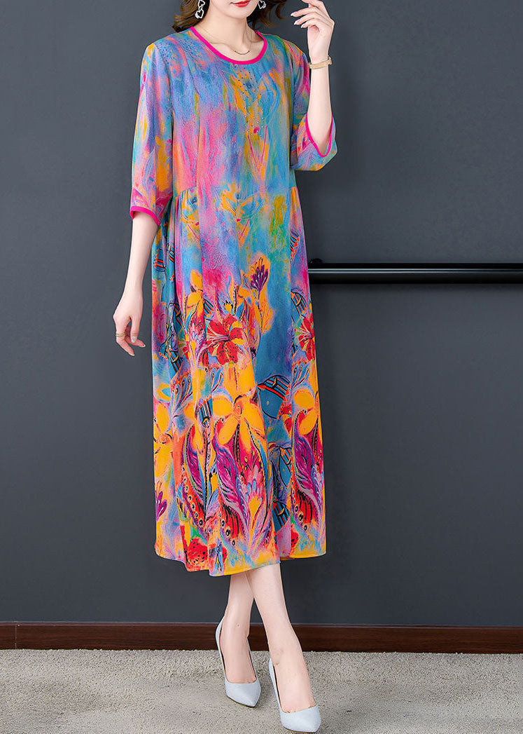 O-neck Oversized Print Silk Long Dress Bracelet Sleeve