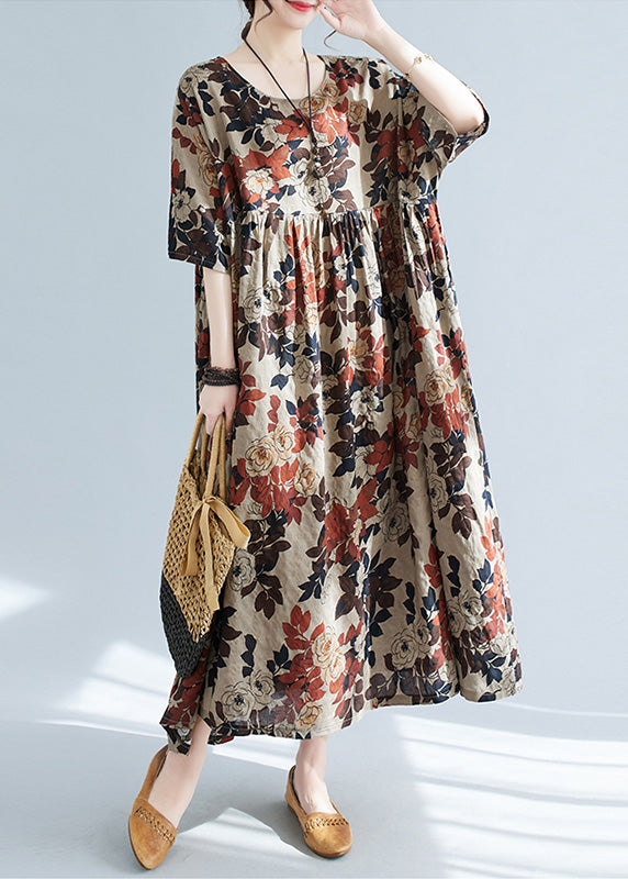 O-neck Print Patchwork Long Dresses Short Sleeve