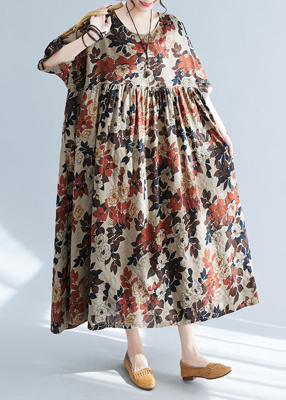 O-neck Print Patchwork Long Dresses Short Sleeve