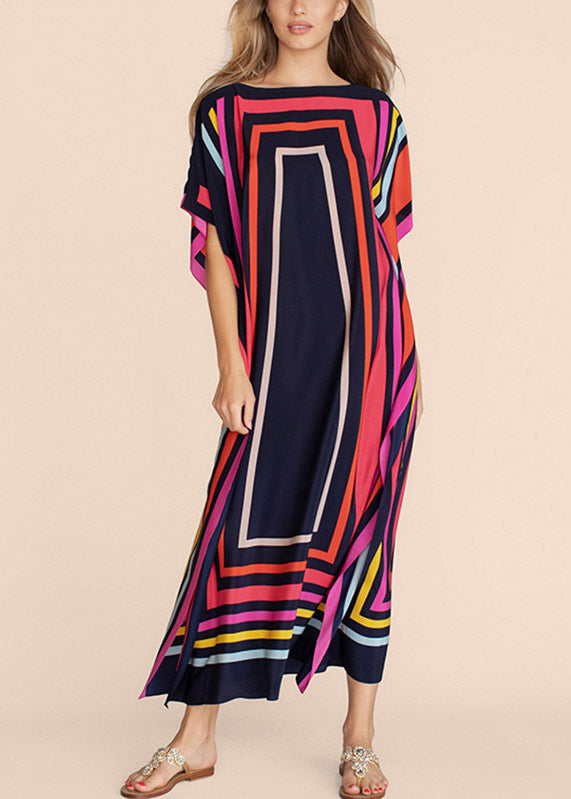 O-neck Striped Patchwork Side Open Maxi Beach Dresses Short Sleeve