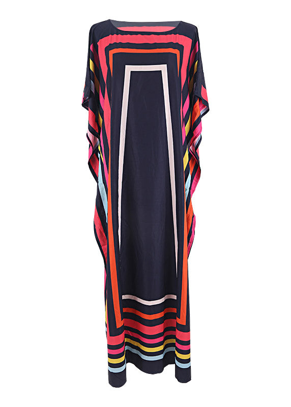 O-neck Striped Patchwork Side Open Maxi Beach Dresses Short Sleeve
