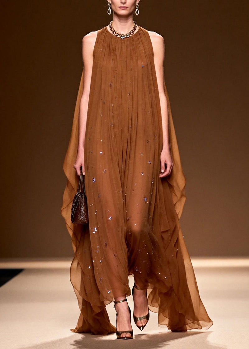 O Neck Zircon Chiffon Long Dress Sleeveless
