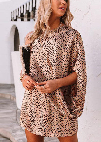One Shoulder Design Leopard Print Mid Dress Batwing Sleeve