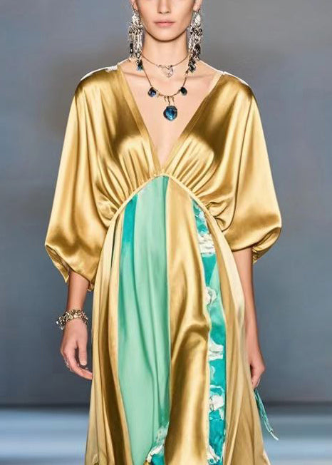 Orange Deep-v Neck Patchwork Silk Maxi Dresses Batwing Sleeve