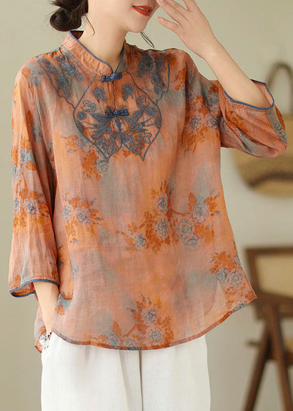 Orange Embroidered Print Cotton Shirts Half Sleeve