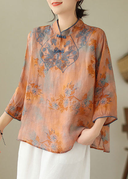 Orange Embroidered Print Cotton Shirts Half Sleeve