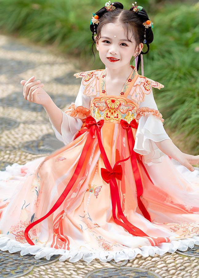 Orange Embroideried Ruffled Bow Kids Long Dress Summer