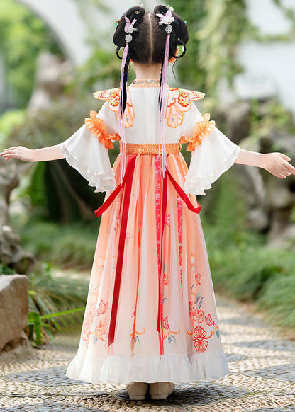 Orange Embroideried Ruffled Bow Kids Long Dress Summer
