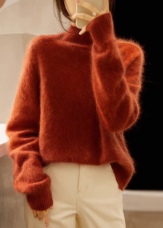 Orange Hign Neck Patchwork Woolen Knit Sweaters Fall