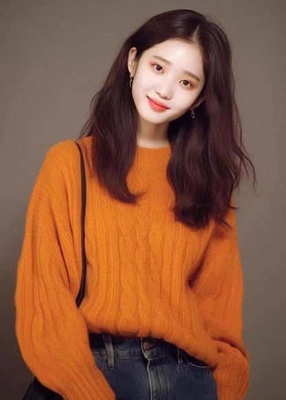 Orange O Neck Cozy Cotton Knit Sweaters Fall