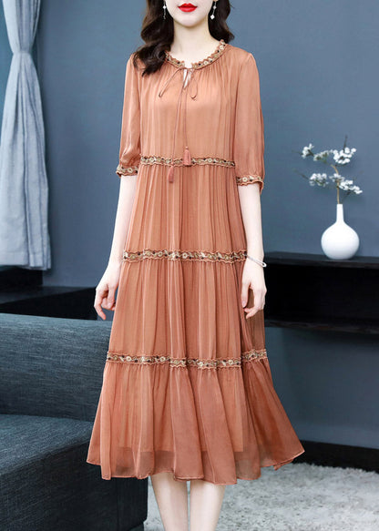 Orange O-neck Embroidered Silk Long Dress Summer