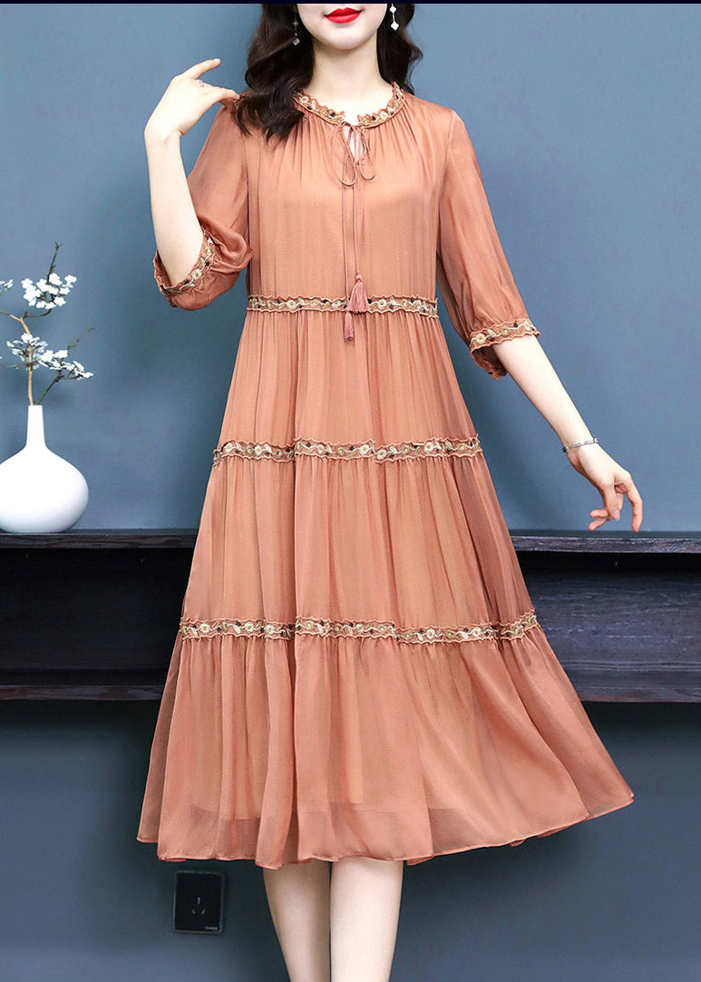 Orange O-neck Embroidered Silk Long Dress Summer