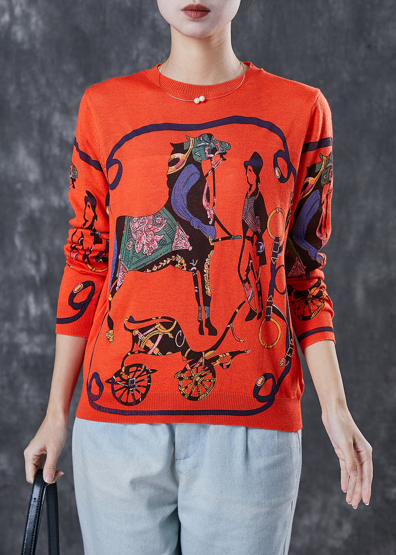 Orange O-neck Print Knit Pullover Spring