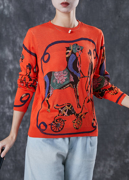 Orange O-neck Print Knit Pullover Spring