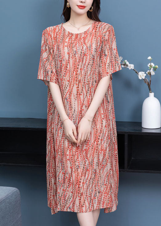 Orange O Neck Print Patchwork Chiffon Dress Summer