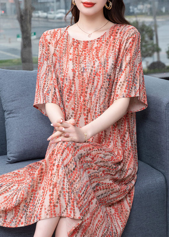 Orange O Neck Print Patchwork Chiffon Dress Summer