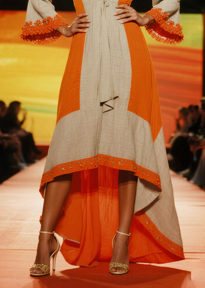 Orange Patchwork Low High Design Linen Party Dresses Summer