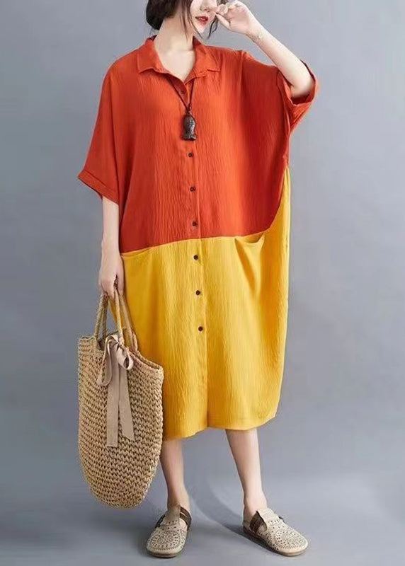 Orange Patchwork Yellow Peter Pan Collar Button Pockets Maxi Shirts Dress Summer