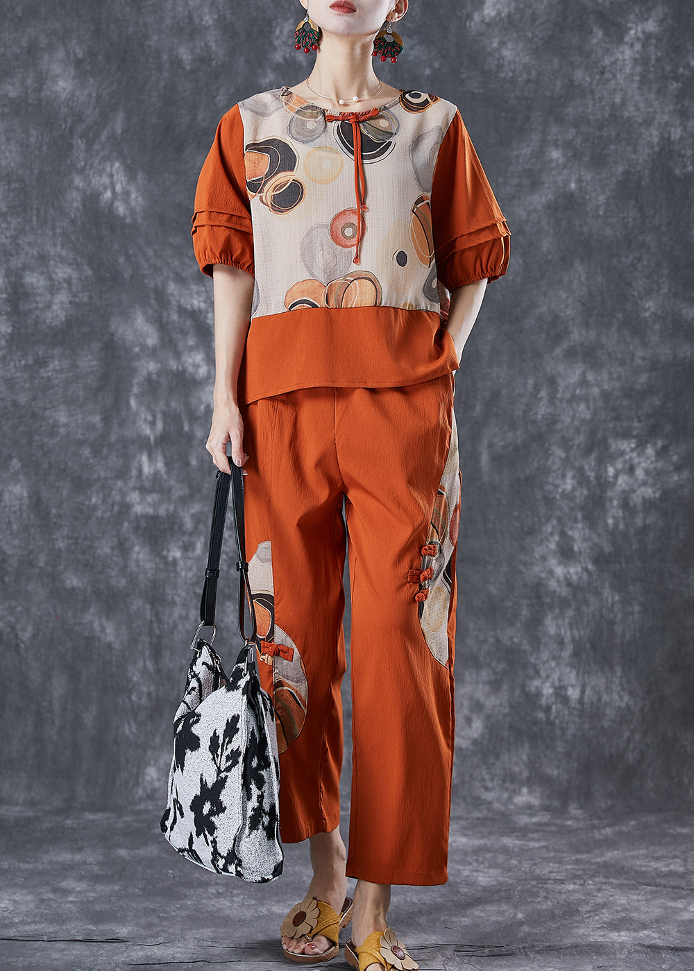 Orange Print Patchwork Cotton Two Pieces Set Summer
