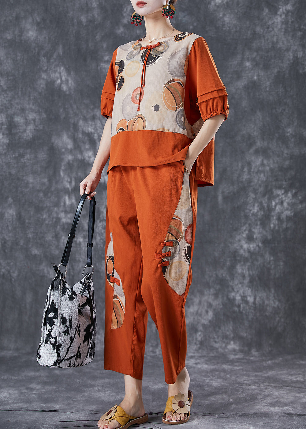Orange Print Patchwork Cotton Two Pieces Set Summer