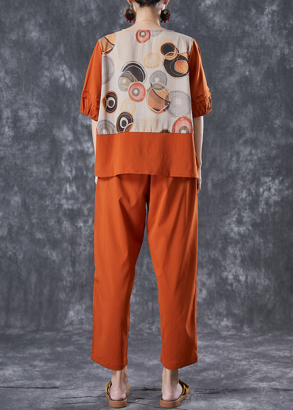 Orange Print Patchwork Cotton Two Pieces Set Summer