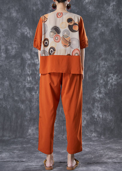 Orange Print Patchwork Cotton Two Pieces Set Summer