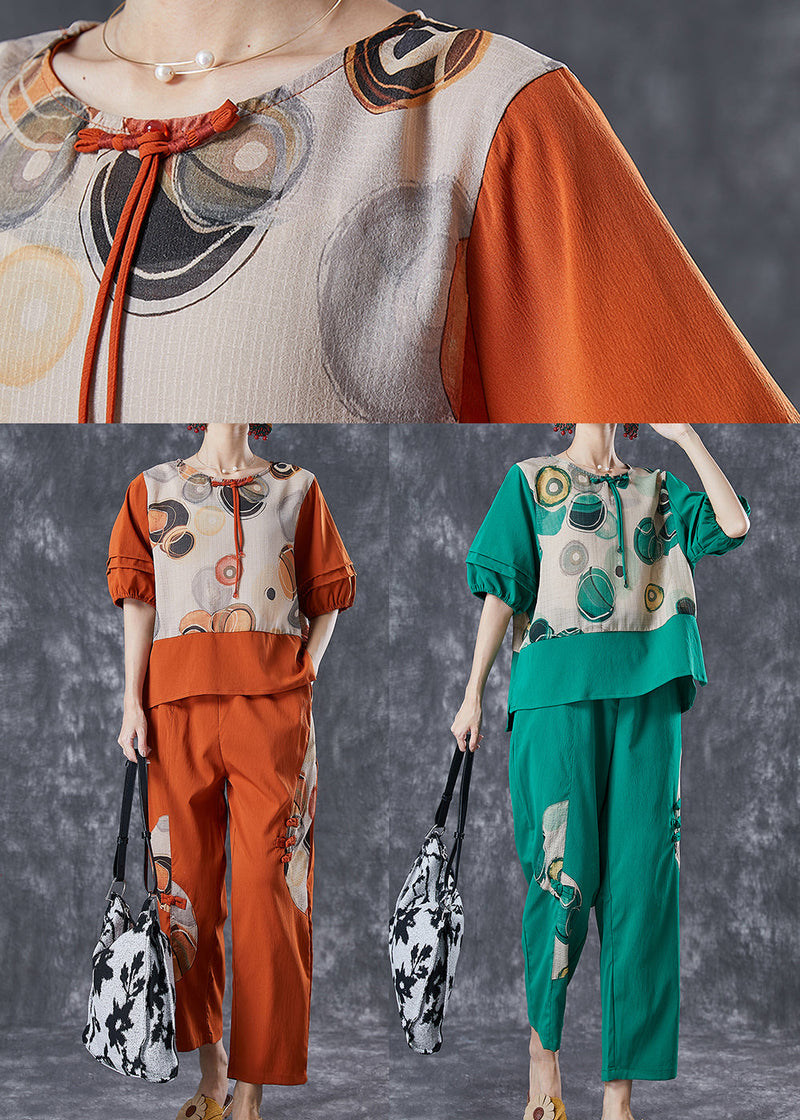 Orange Print Patchwork Cotton Two Pieces Set Summer