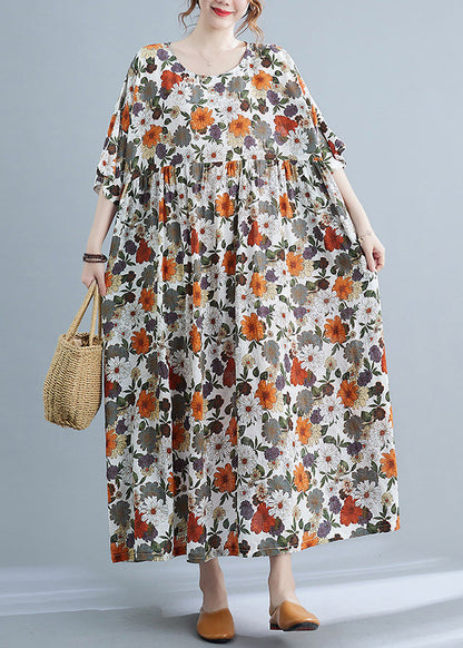 Orange Print Wrinkled Maxi Dresses Summer