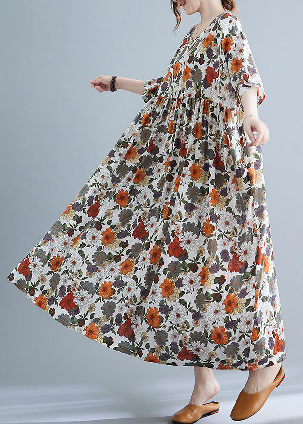Orange Print Wrinkled Maxi Dresses Summer