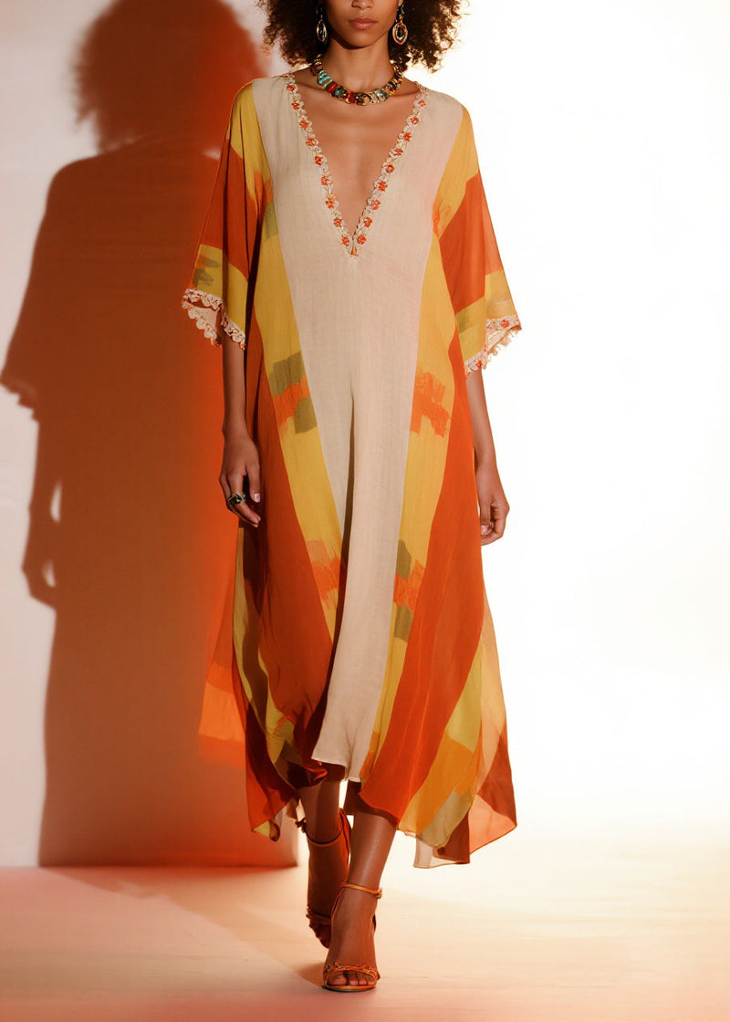 Orange Ruffled Print Chiffon Holiday Dress Summer