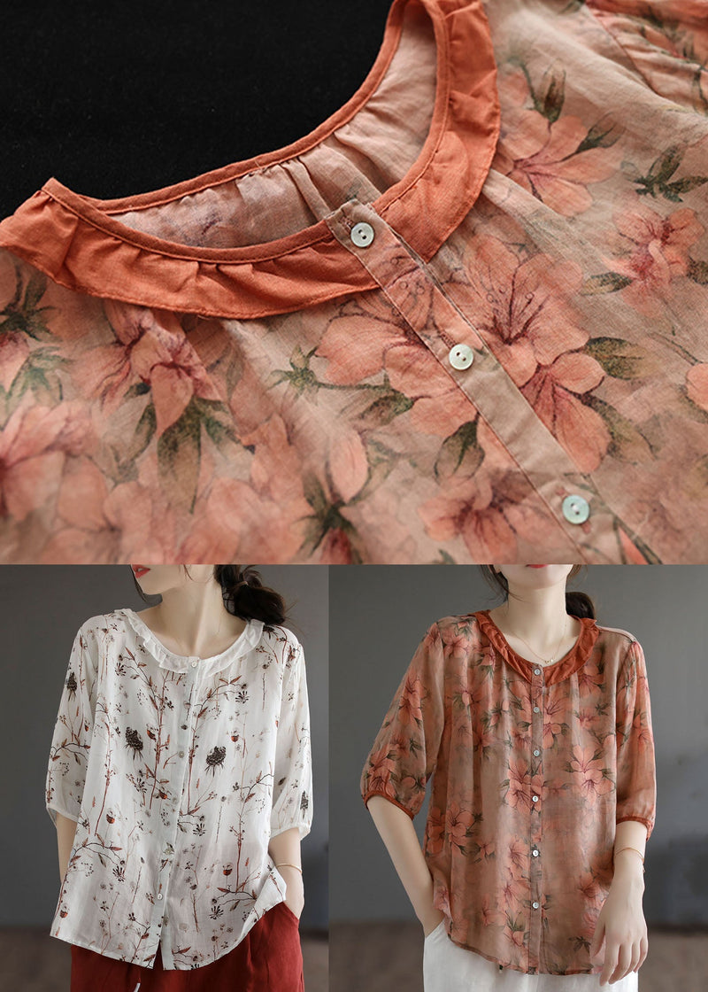 Orange Ruffled Print Patchwork Linen Shirt Top Summer