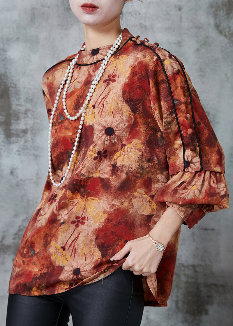 Orange Stand Collar Print Chiffon Blouses Spring