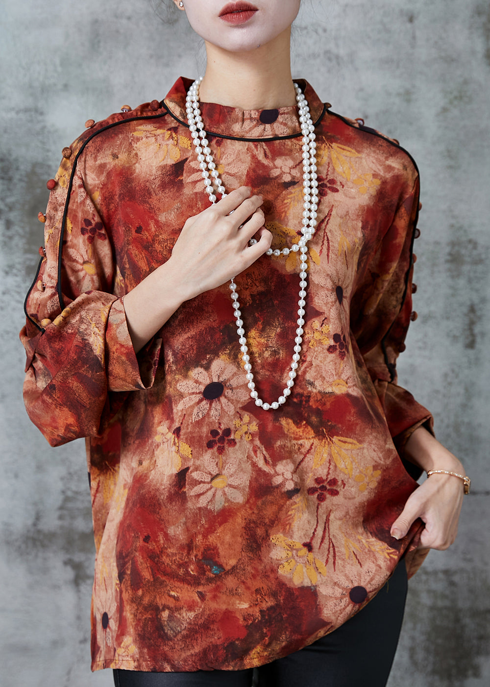 Orange Stand Collar Print Chiffon Blouses Spring