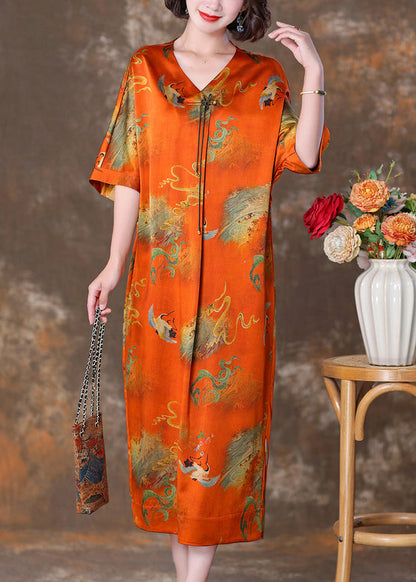 Orange V Neck Button Print Silk Long Dresses Summer