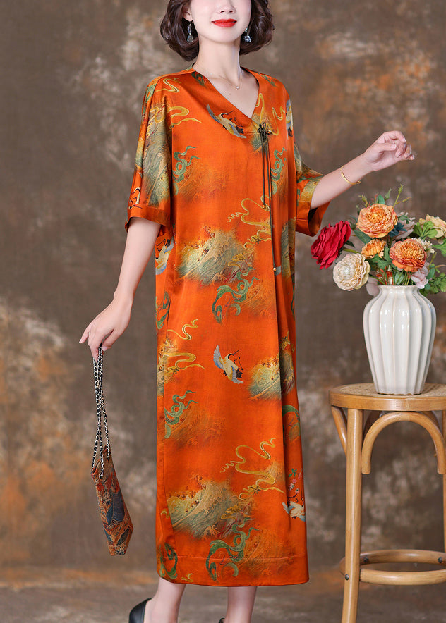 Orange V Neck Button Print Silk Long Dresses Summer