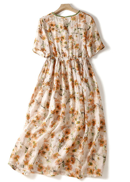Orange V Neck Lace Up Print Linen Dresses Summer
