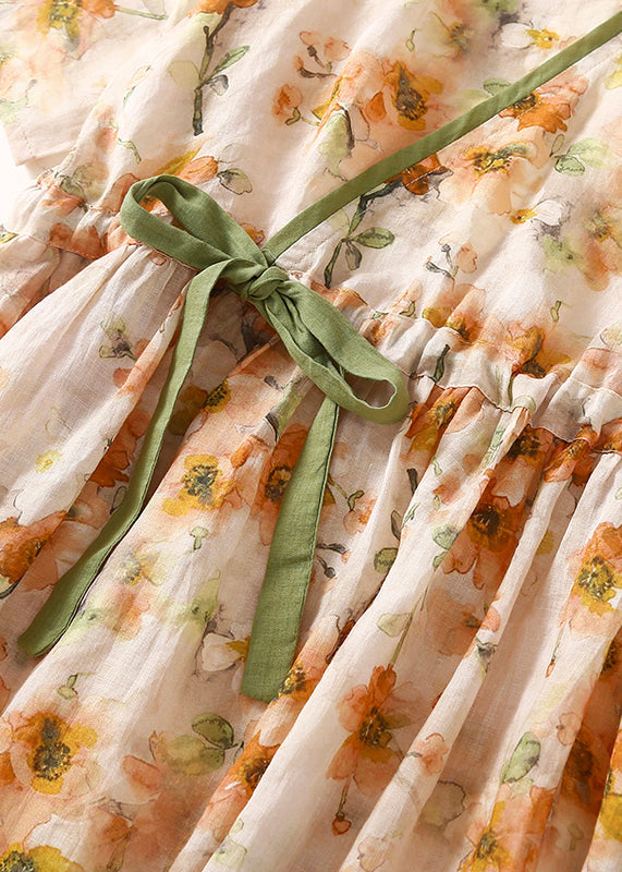 Orange V Neck Lace Up Print Linen Dresses Summer