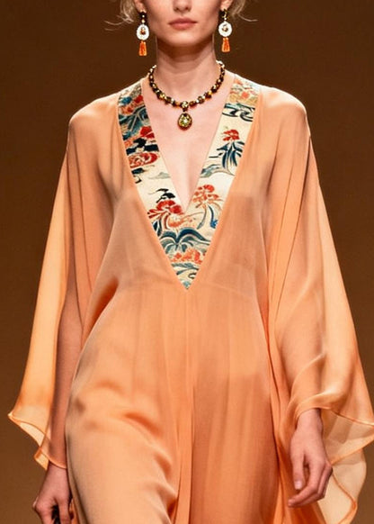 Orange V Neck Patchwork Chiffon Long Dress Summer