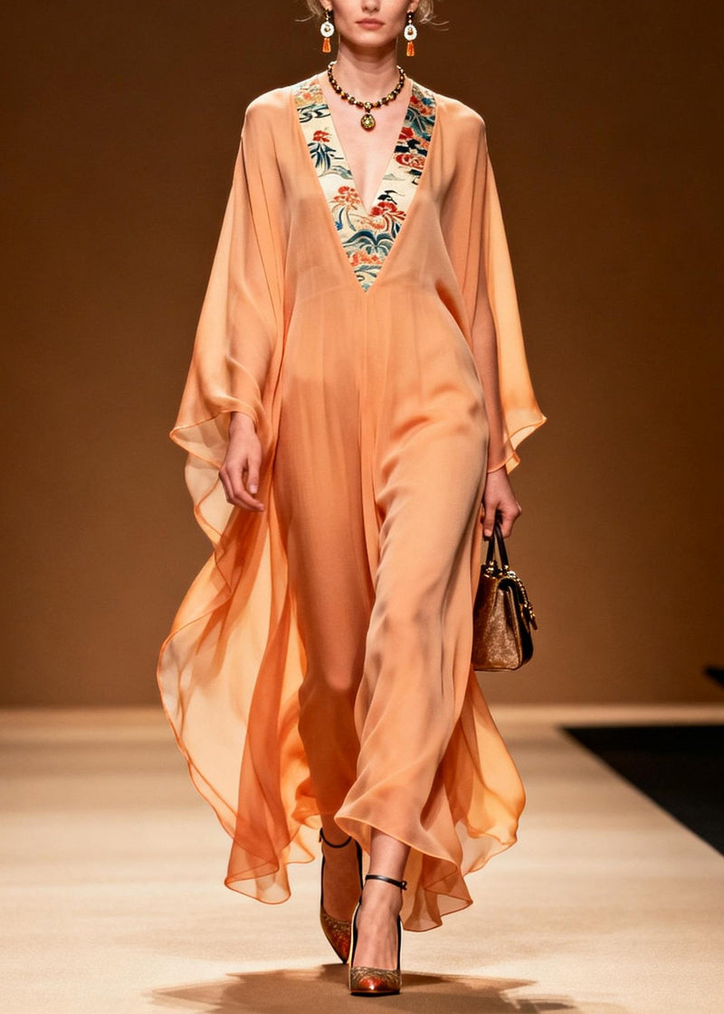 Orange V Neck Patchwork Chiffon Long Dress Summer