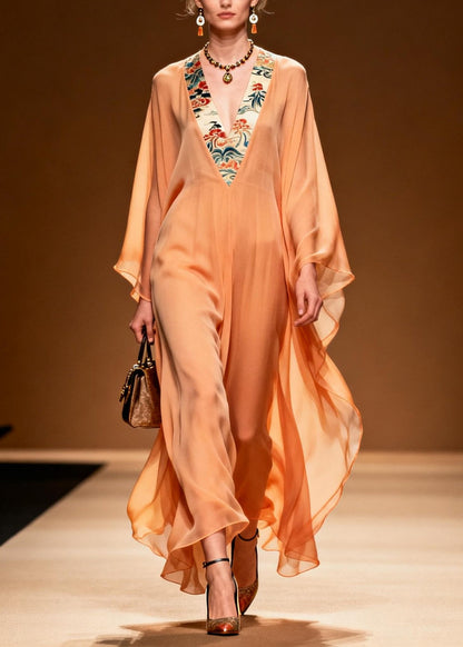 Orange V Neck Patchwork Chiffon Long Dress Summer
