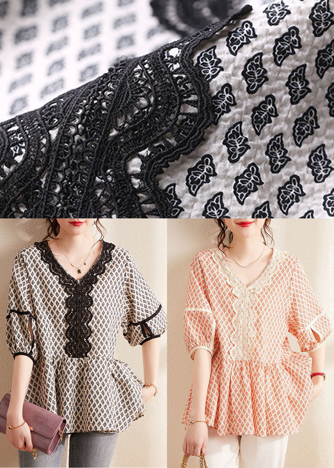 Orange V Neck Print Cotton Blouses Summer