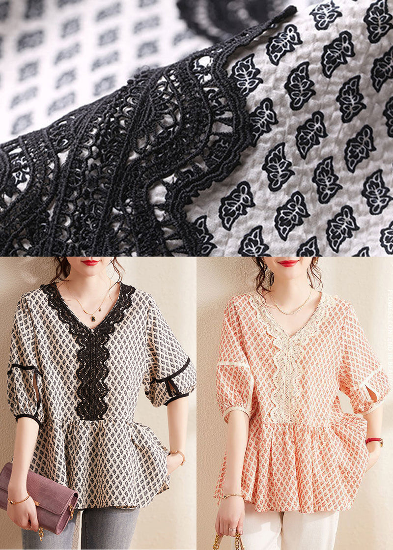 Orange V Neck Print Cotton Blouses Summer