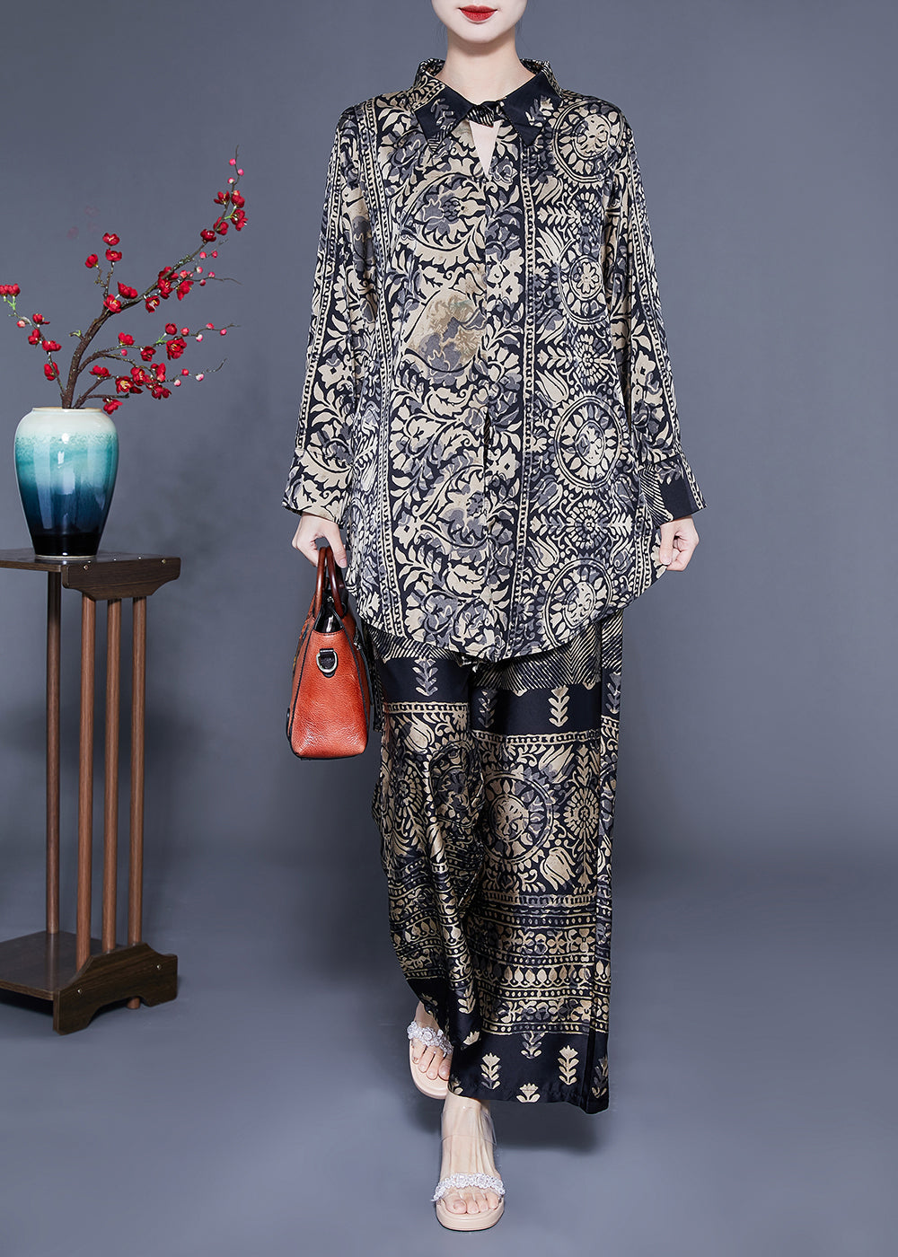 Oversized Low High Design Print Silk Two Pieces Set Spring