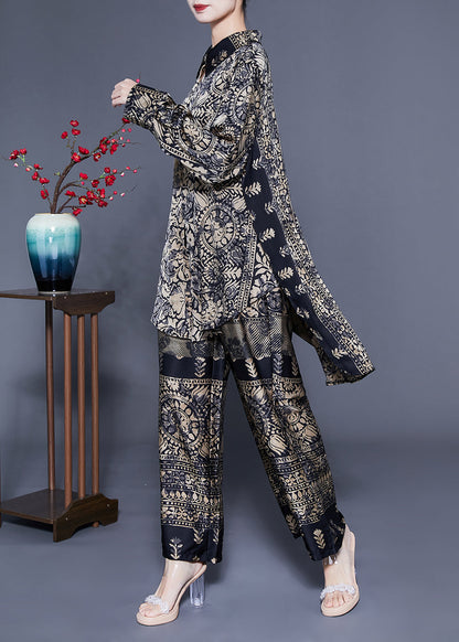 Oversized Low High Design Print Silk Two Pieces Set Spring