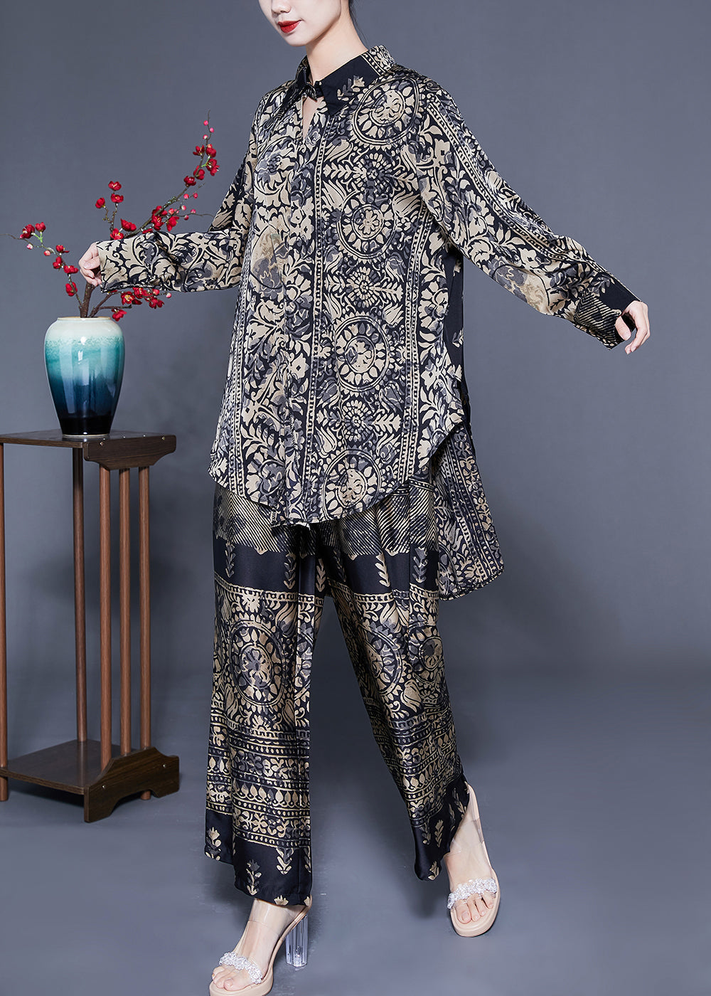 Oversized Low High Design Print Silk Two Pieces Set Spring