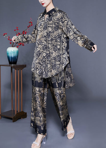 Oversized Low High Design Print Silk Two Pieces Set Spring