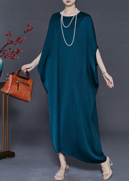 Peacock Blue Oversized Silk Party Dress Batwing Sleeve