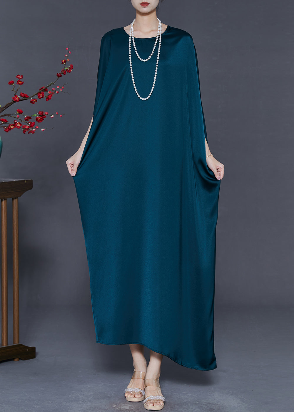 Peacock Blue Oversized Silk Party Dress Batwing Sleeve